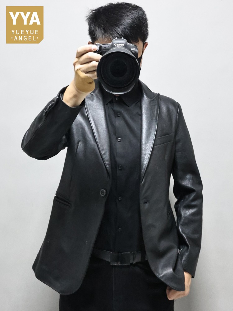 Leather Work Jacket Mens - スリムフィットソリッドカラー男性オフィスワーク本革ブレザートップスコートビジネスカジュアルシングルボタン黒羊革スーツジャケット