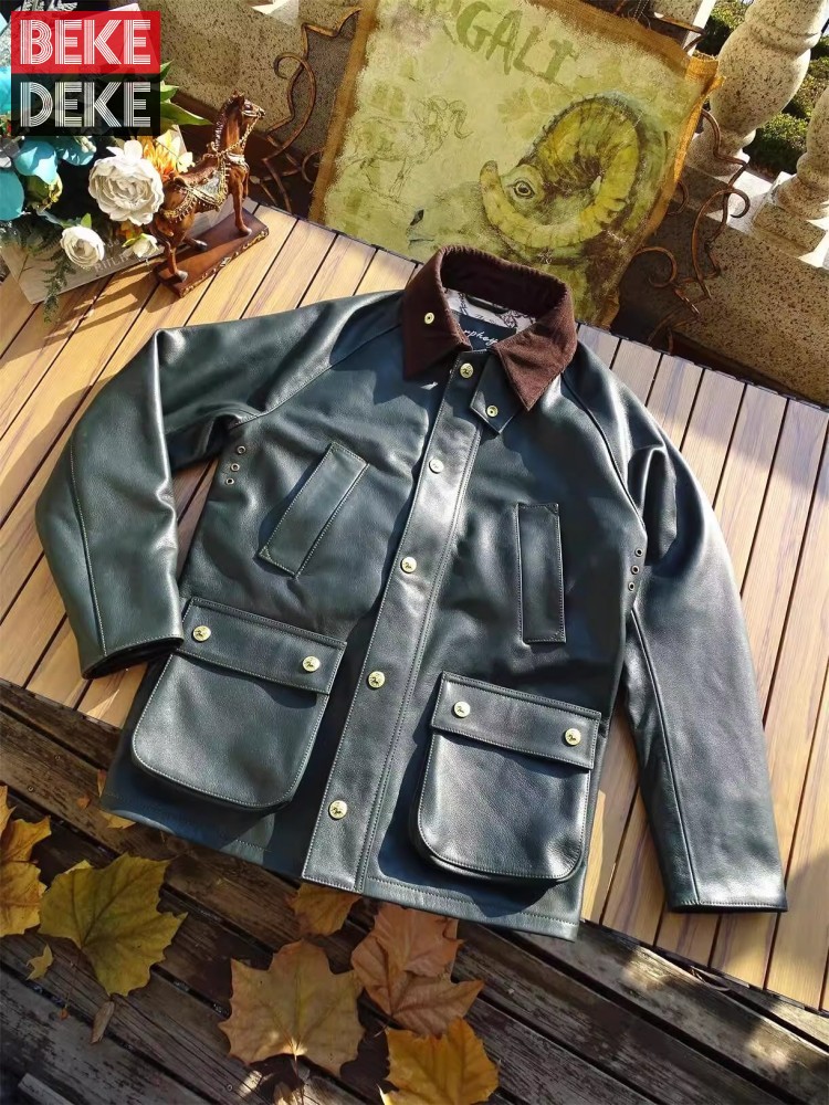Leather Work Jacket Mens - メンズ本物の牛革ジャケットハンティングコート春ターンダウンカラーシングルブレストワイドウエストビジネスカジュアルワークジャケット