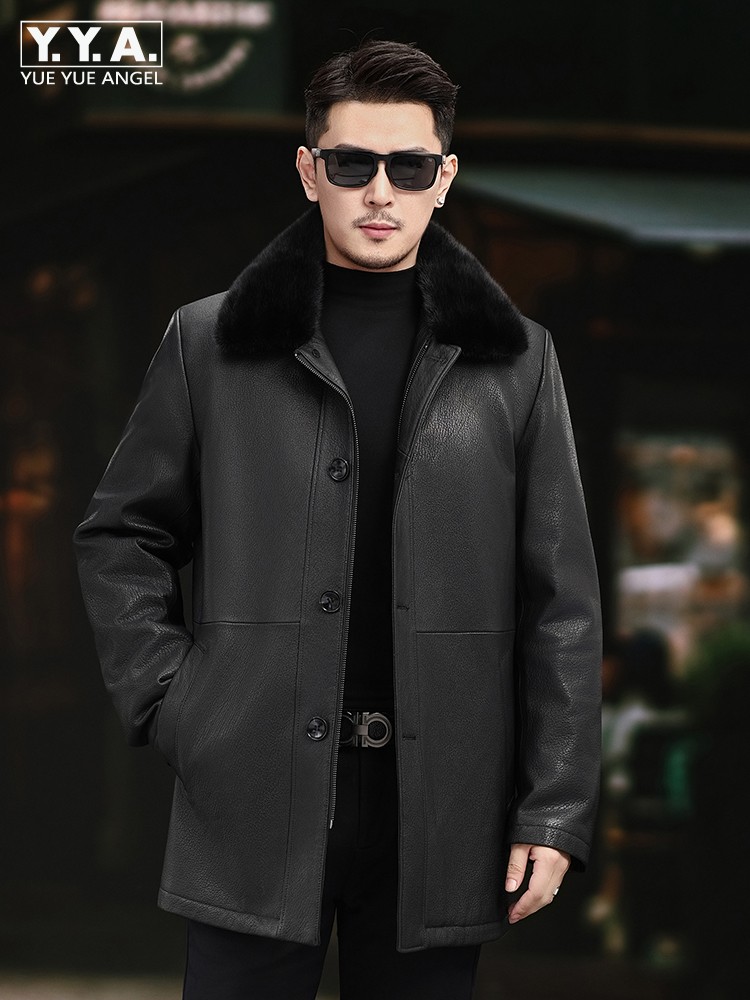 Leather Work Jacket Mens - 高級メンズ冬用リアルミンクファー裏地シープスキン本革ロングジャケットスリムフィットビジネスマンワーク最高品質オーバーコート5XL