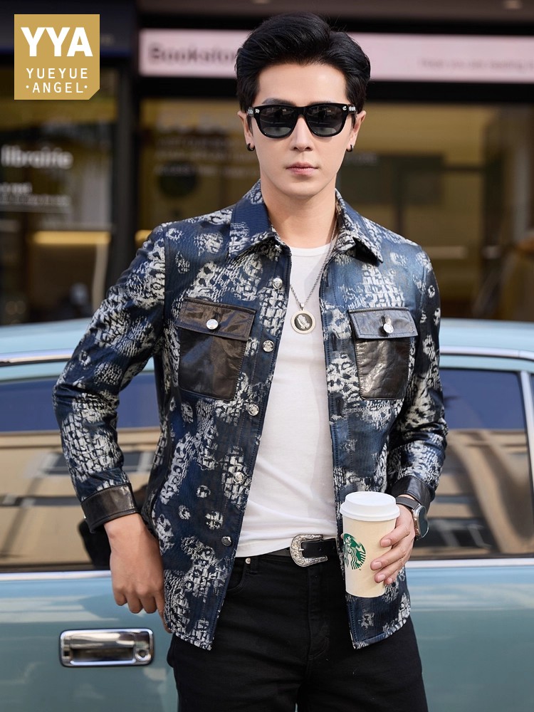 Leather Work Jacket Mens - 高級感あふれる新作ファッション、花柄プリントのメンズパーティーシープスキン本革ジャケット、スリムフィット、シングルブレスト、ビジネスカジュアルワークコート