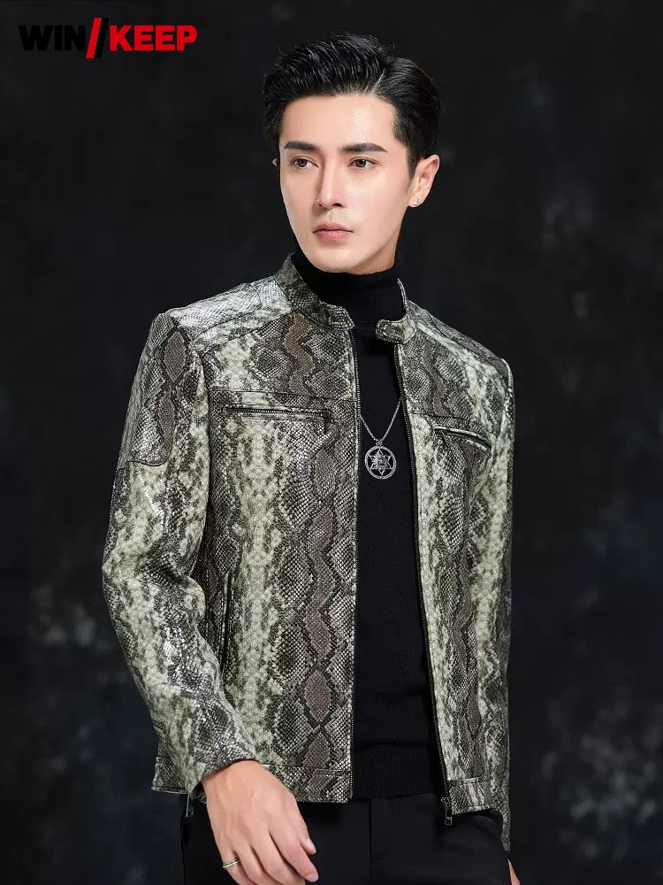 Leather Work Jacket Mens - 春男性スネークパターンシープスキン本革ジャケットスリムフィットスタンドカラーモトバイカーコートビジネスカジュアルワークジャケット 4XL