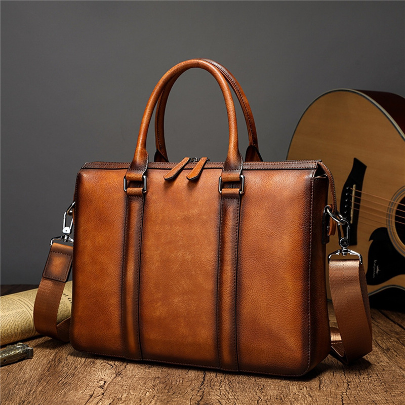 Vintage Leatherwork - YETTIES ビジネス トップグレインレザー ブリーフケース | 14インチノートパソコン用クロスボディショルダーバッグ