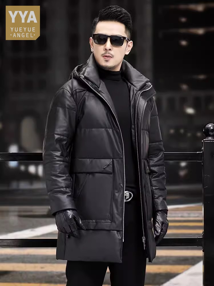 Leather Work Jacket Mens - 冬メンズ厚く暖かいホワイトグースダウンコートフード付きロング牛革本革ジャケット高級ビジネスワークストレートオーバーコート