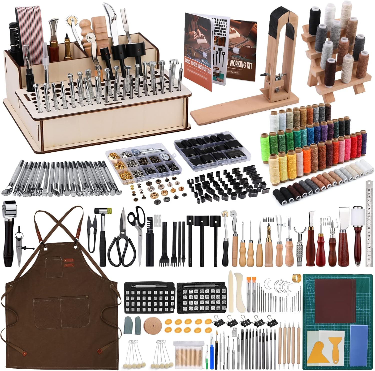 Beginner Leatherwork Kit - 初心者向け628点革細工ツールセット、革ポニー、ツールボックス、刻印パンチツール、縫い糸、リベットキット付きの革細工用品、DIYクラフト用ツールセット