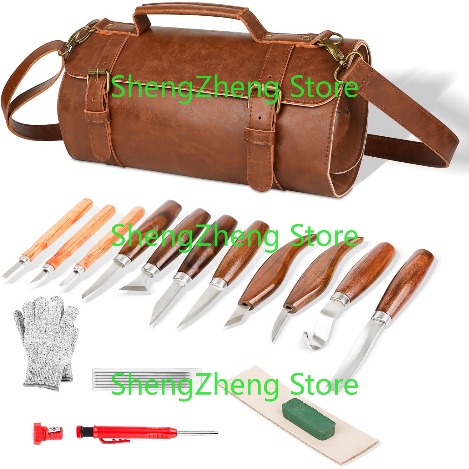 Beginner Leatherwork Kit - 木彫りツールセットキット 木工彫刻ナイフツールセット 初心者や大工専門家向けの大型レザーケース付き