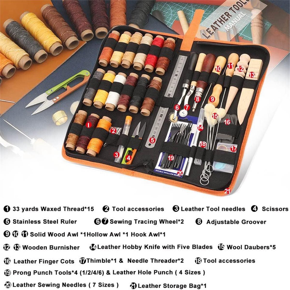 Beginner Leatherwork Kit - 66点入り革細工ツールキット（ワックスコード、溝切り器、千枚通し、パンチ付き）革細工初心者・大人向け