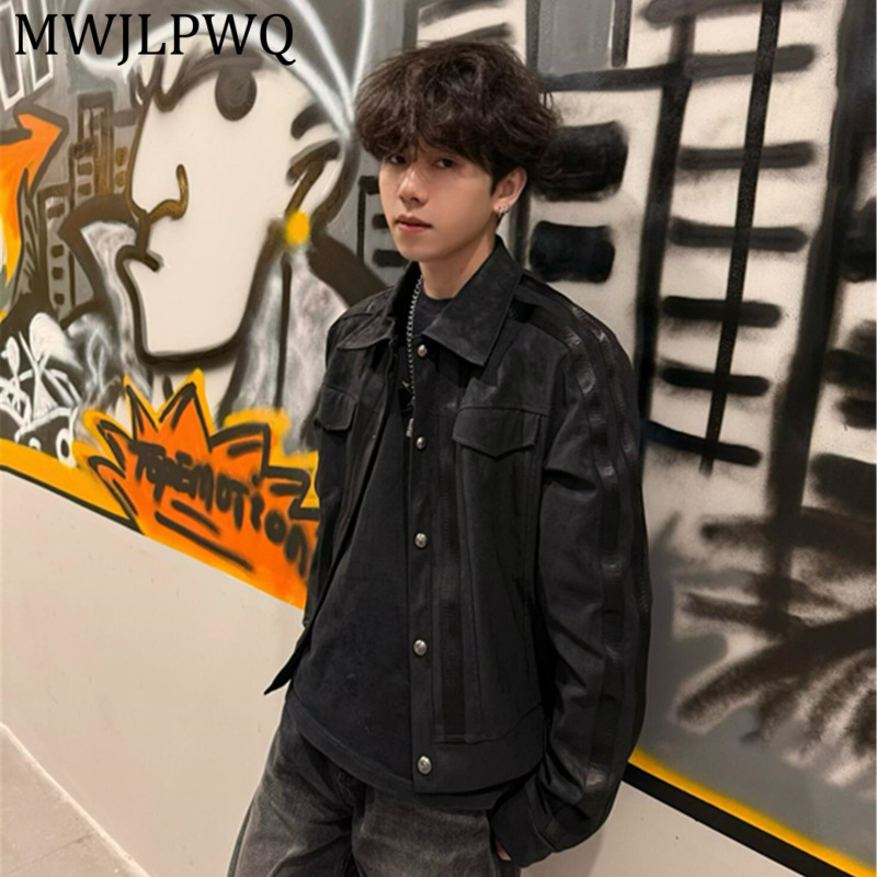 Leather Work Jacket Mens - MWJLPWQ レトロブラックスエードスプライスワークジャケットメタルボタンラペルルーズストリートコート若い男性用秋デイリーアーバンウェア 16749