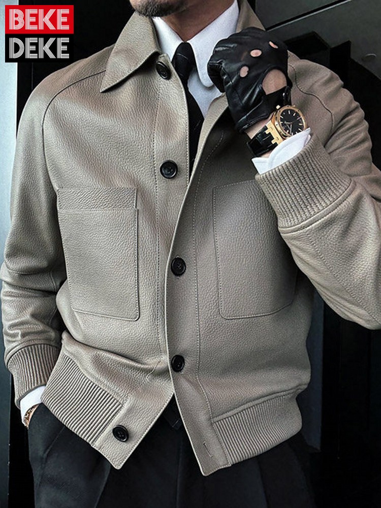 Leather Work Jacket Mens - イタリアデザイナーメンズビジネスワークスリムフィットシングルブレスト本物の羊皮ジャケットファッション秋防風本革コート