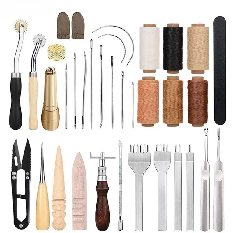 Beginner Leatherwork Kit - 25点入り革細工ツールセット 初心者向けDIYレザークラフトキット 30mワックスコード付き 縫い針 グローバー 穴あけパンチ