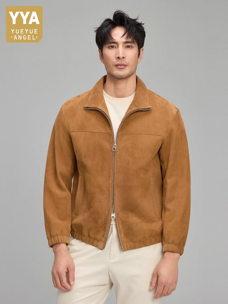 Leather Work Jacket Mens - 高級メンズソフト天然スエードレザージャケットジッパーラペル襟ビジネスワークリアルスエードコート秋のファッションアウタージャケット