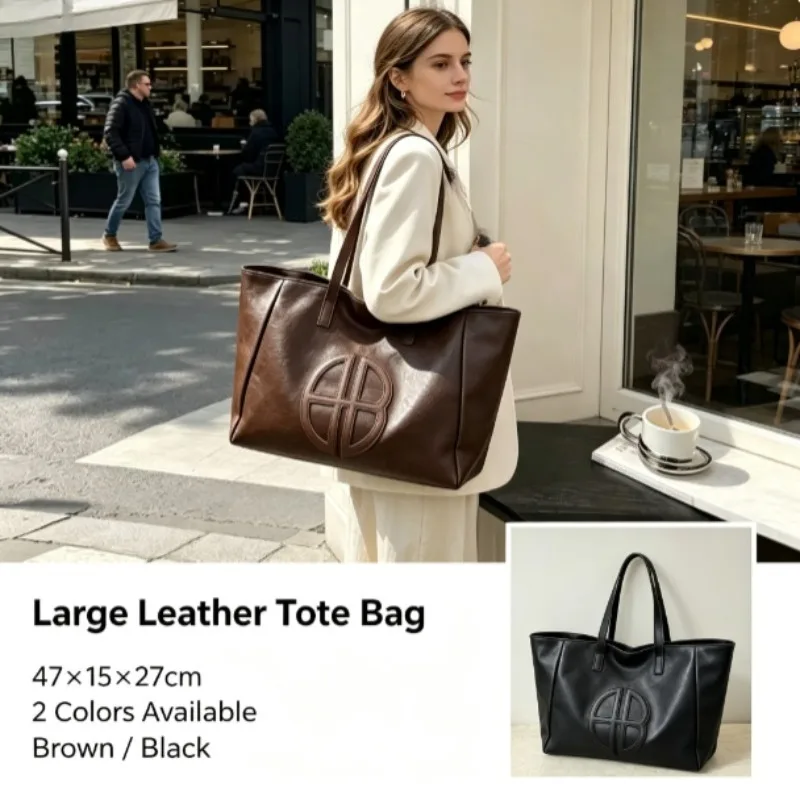 Leather Work Bag Women - 2026年ニューレトロ大容量女性用エコバッグ、シンプルカジュアル通勤ショルダーバッグ、ファッションデイリートートバッグ