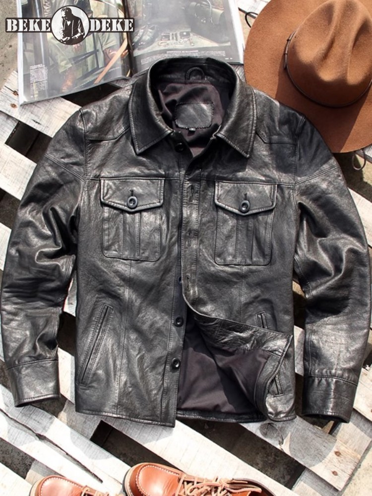 Leather Work Jacket Mens - パンクメンズ本革ジャケットヴィンテージシングルブレストスリムフィット春オートバイコート長袖カーゴワーク男性アウター