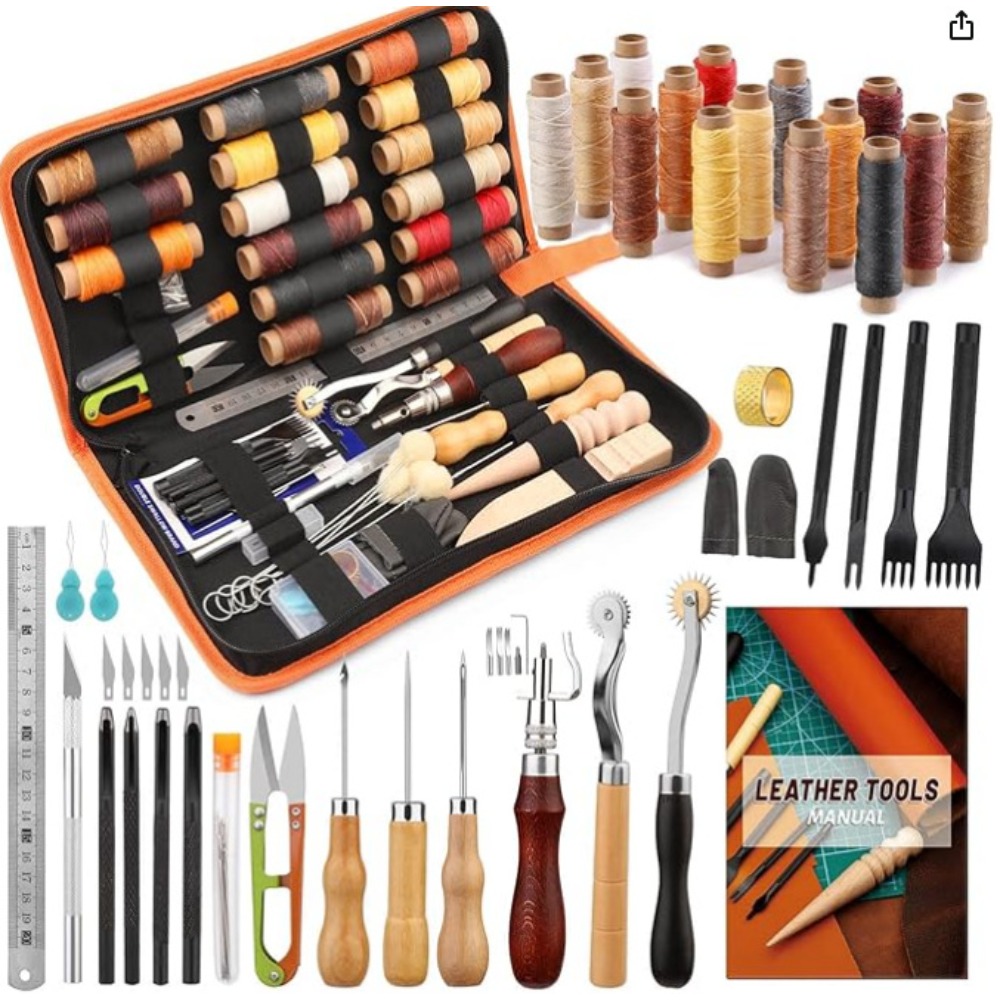 Beginner Leatherwork Kit - 革細工ツール 実用的なレザークラフトキット ワックス糸付き グルーバー ピンセット ステッチパンチ穴