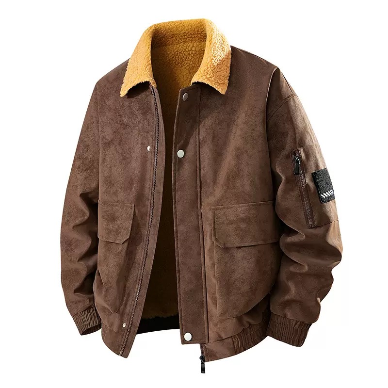 Leather Work Jacket Mens - メンズレトロ厚手暖かいPUジャケット秋冬新作ラムウールフリース裏地付きワークコートメンズ高級PUレザーワークウェアコート