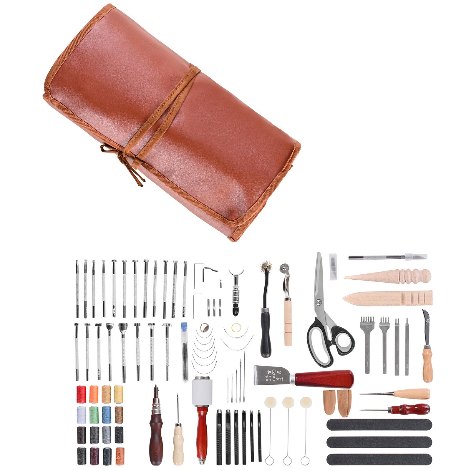 Beginner Leatherwork Kit - 革細工ツールキット、92個の革細工ツールとポータブル革製収納バッグ、彫刻、パンチング、縫製、スタンピング、サンディングツール、初心者、DIY愛好家、専門家に最適