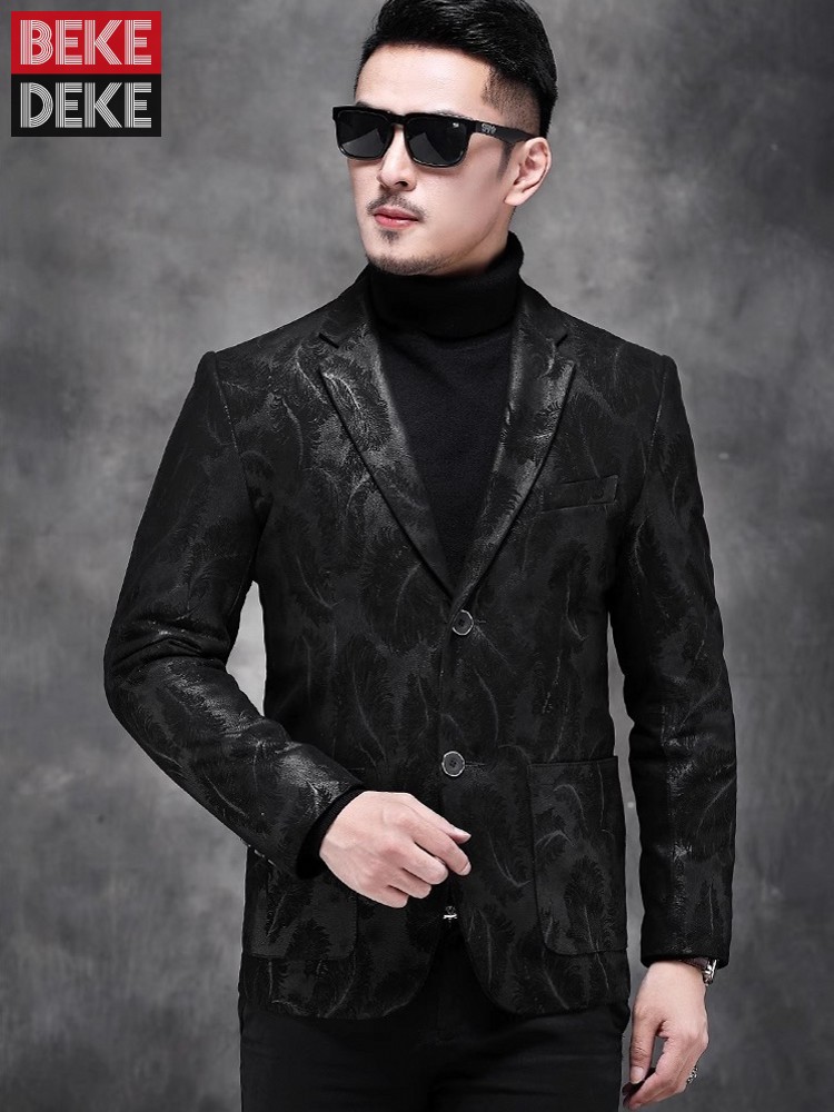 Leather Work Jacket Mens - ビジネス男性仕事スリムフィット本物のシープスキン本革ジャケット春秋花柄プリントシングルブレストブレザースーツコート