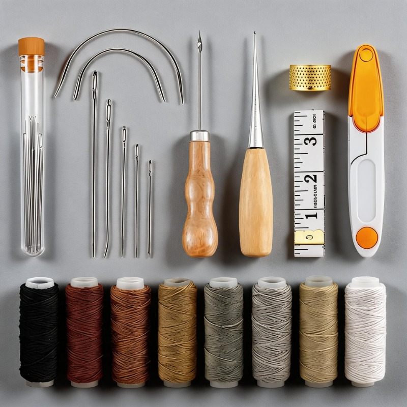 Beginner Leatherwork Kit - レザークラフト作業用ツール、ステッチング縫製キット、修理セット（ワックス糸、グルーバー、千枚通し付き）、初心者・プロ向け