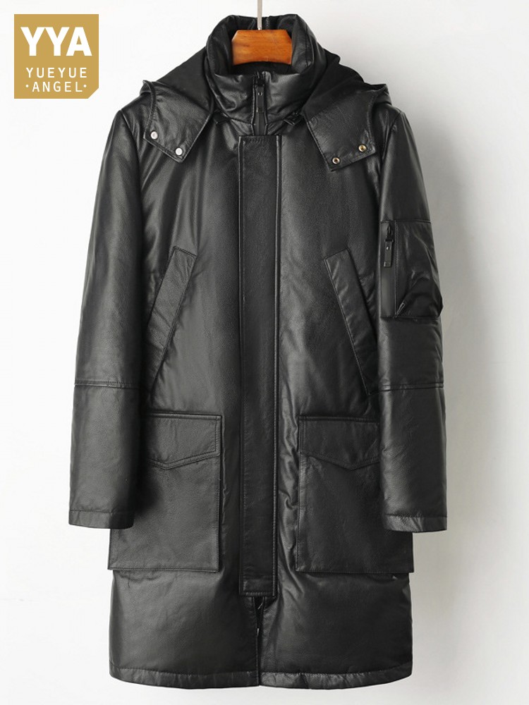 Leather Work Jacket Mens - 冬の男性暖かい牛革本革ダウンジャケットフードビジネスカジュアルワークロングコートウインドブレーカートレンチオーバーコートビッグサイズ8XL