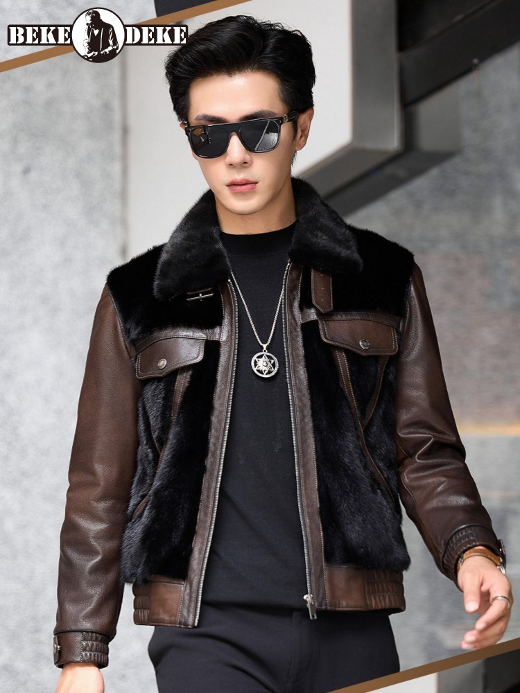 Leather Work Jacket Mens - 高級ビジネスメンズ冬用ワークリアルゴートスキン拼接天然ミンクファーダウンジャケットスリムフィット厚手暖かい本革ジャケット