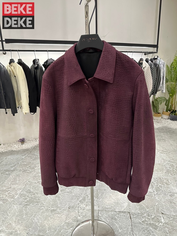 Leather Work Jacket Mens - 秋のアウターウェア メンズ ビジネスワーク クロコダイル柄 シープスキンジャケット シングルブレスト