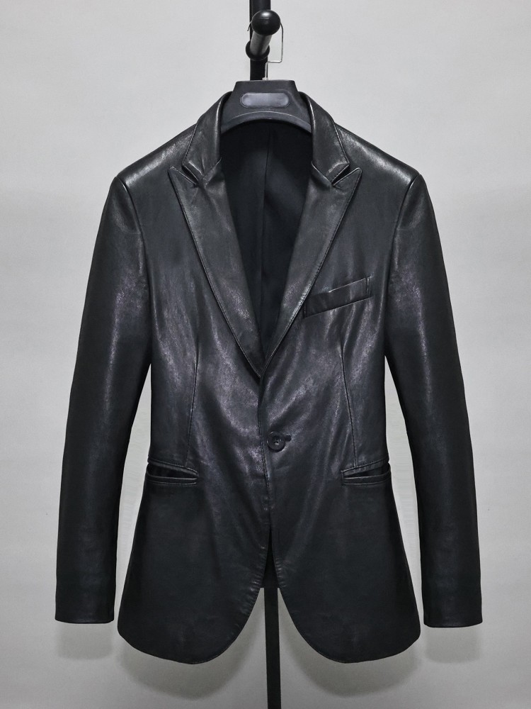 スリムフィットソリッドカラー男性オフィスワーク本革ブレザート - Leather Work Jacket Mens のレビューと価格