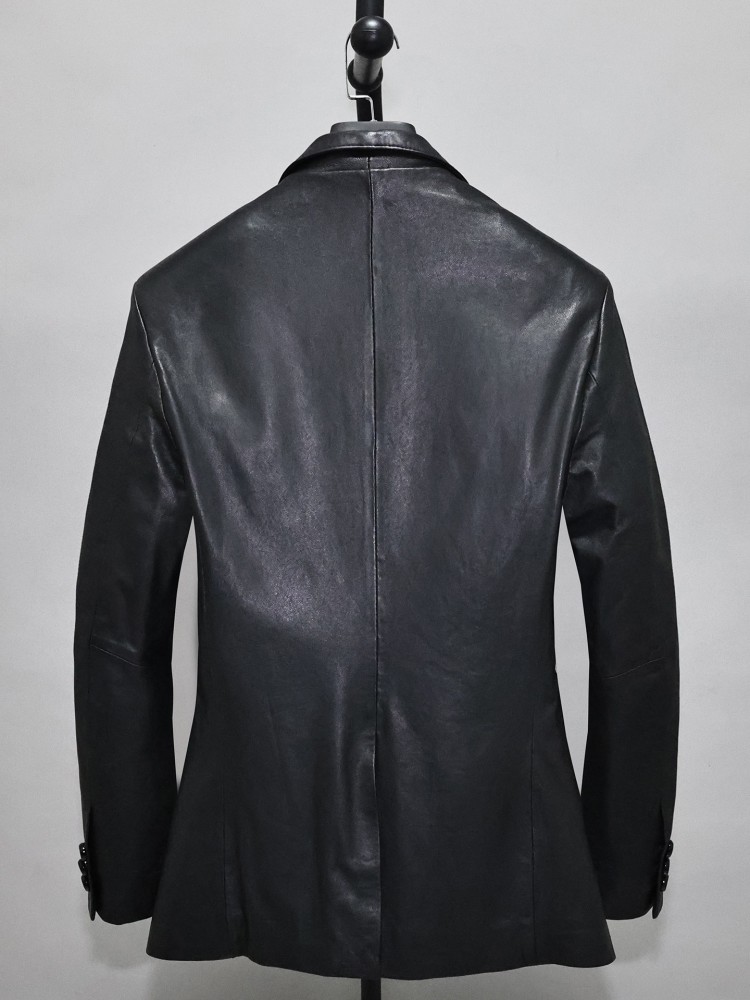 スリムフィットソリッドカラー男性オフィスワーク本革ブレザート - Leather Work Jacket Mens のレビューと価格