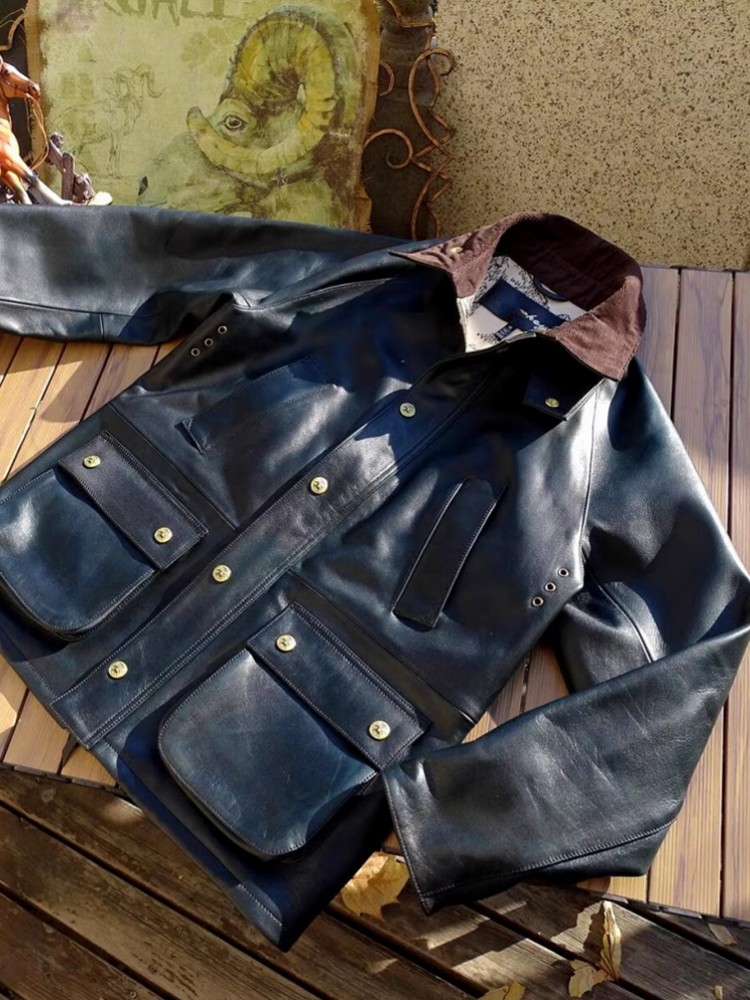 メンズ本物の牛革ジャケットハンティングコート春ターンダウンカ - Leather Work Jacket Mens のレビューと価格