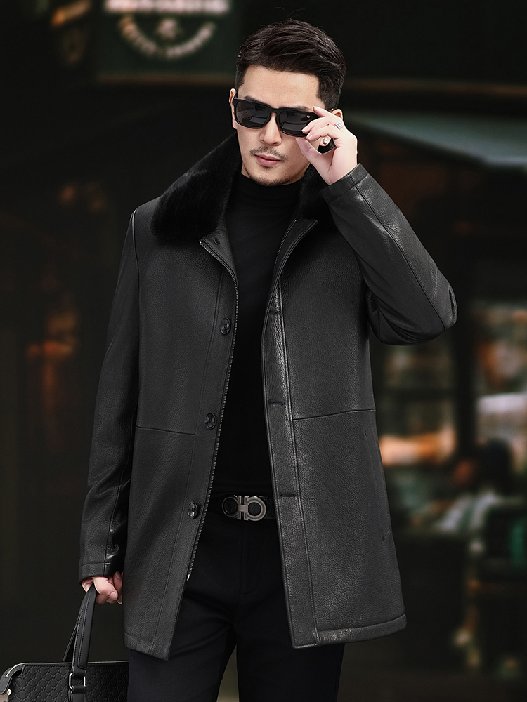 高級メンズ冬用リアルミンクファー裏地シープスキン本革ロングジ - Leather Work Jacket Mens のレビューと価格
