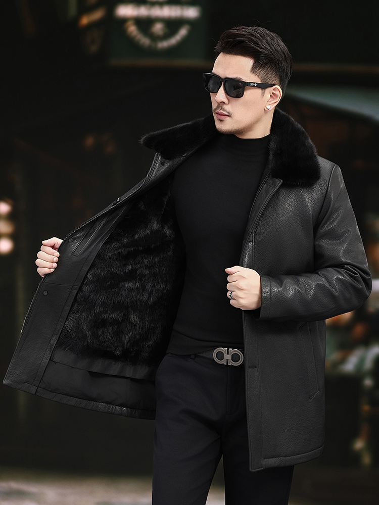 高級メンズ冬用リアルミンクファー裏地シープスキン本革ロングジ - Leather Work Jacket Mens のレビューと価格