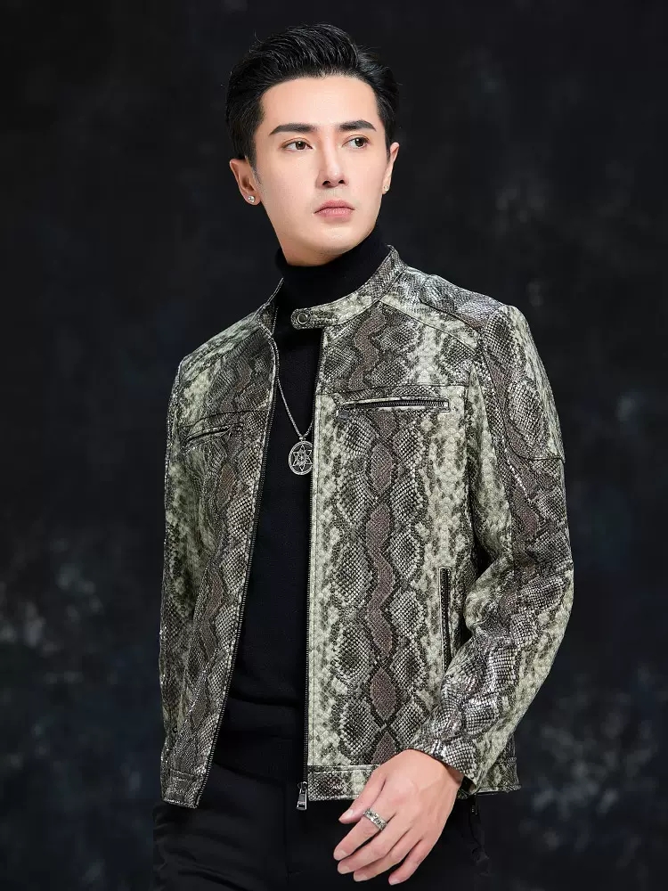 春男性スネークパターンシープスキン本革ジャケットスリムフィッ - Leather Work Jacket Mens のレビューと価格