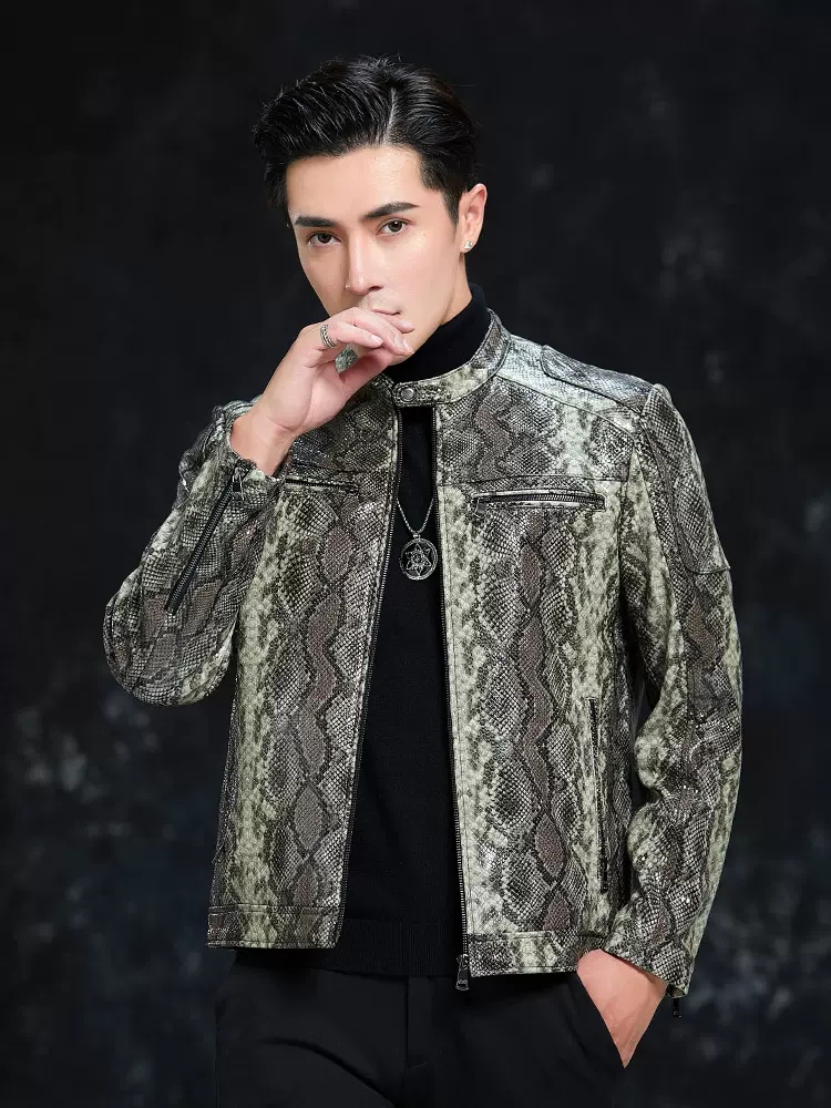 春男性スネークパターンシープスキン本革ジャケットスリムフィッ - Leather Work Jacket Mens のレビューと価格