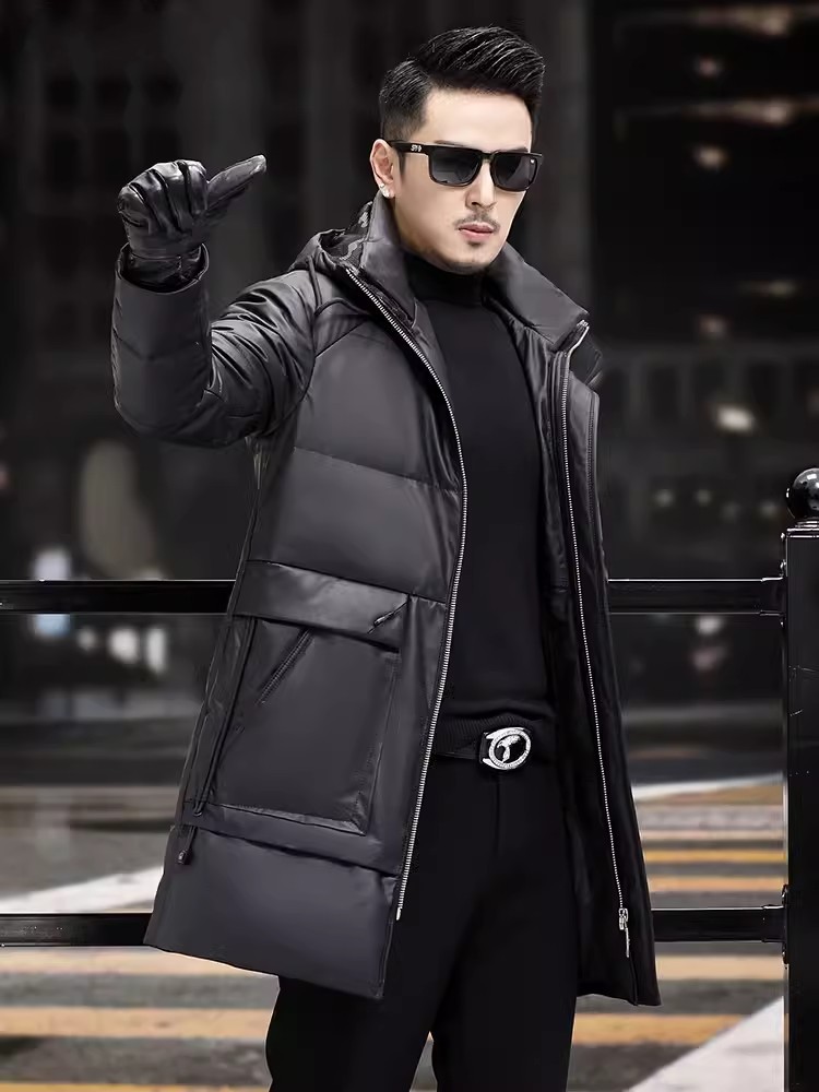 冬メンズ厚く暖かいホワイトグースダウンコートフード付きロング - Leather Work Jacket Mens のレビューと価格