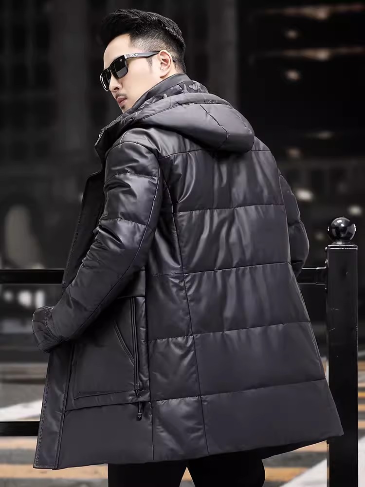 冬メンズ厚く暖かいホワイトグースダウンコートフード付きロング - Leather Work Jacket Mens のレビューと価格
