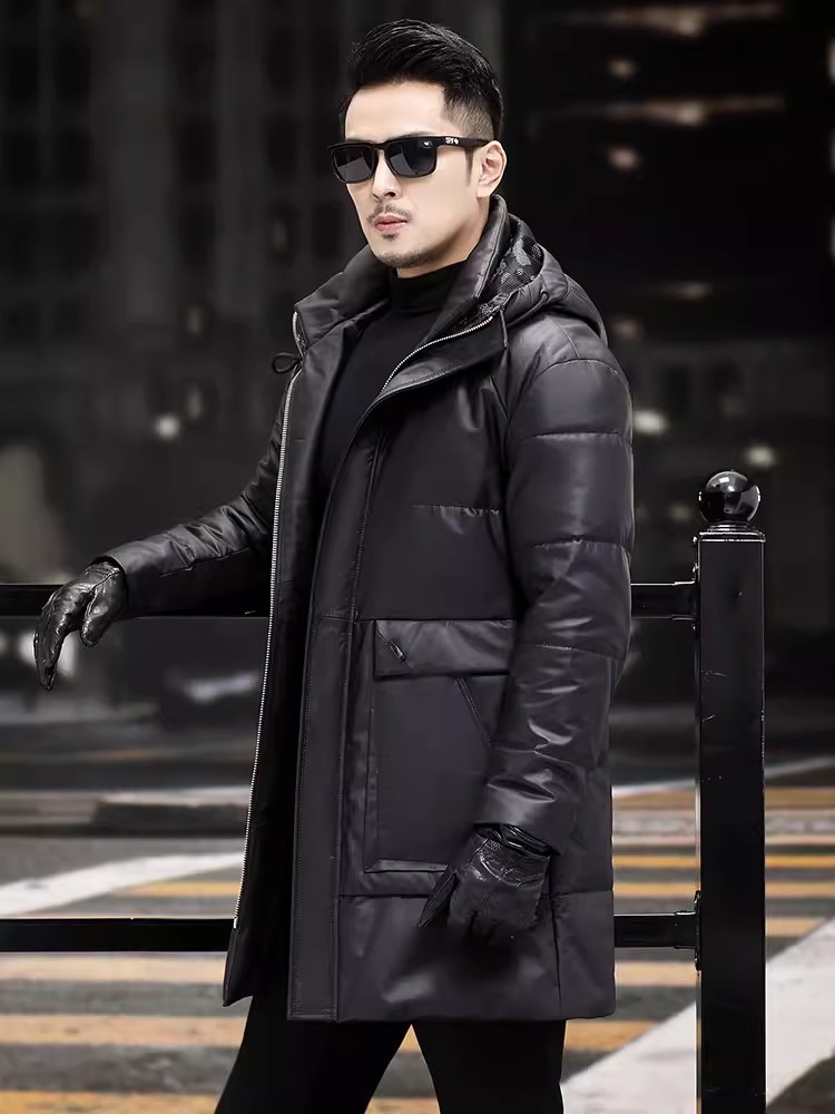 冬メンズ厚く暖かいホワイトグースダウンコートフード付きロング - Leather Work Jacket Mens のレビューと価格