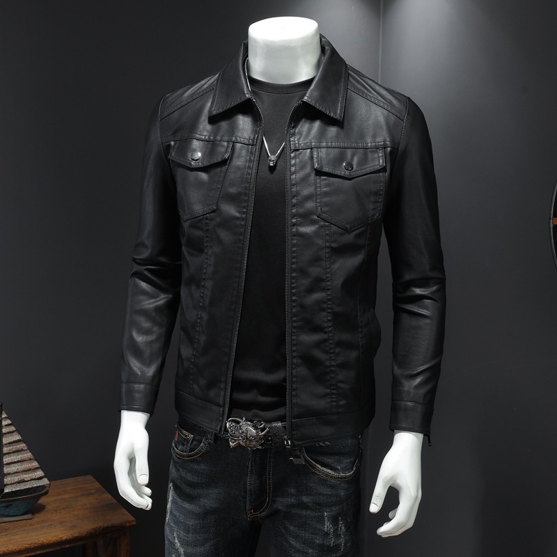 メンズラペルレザージャケット秋オーバーサイズスリムオートバイ - Leather Work Jacket Mens のレビューと価格