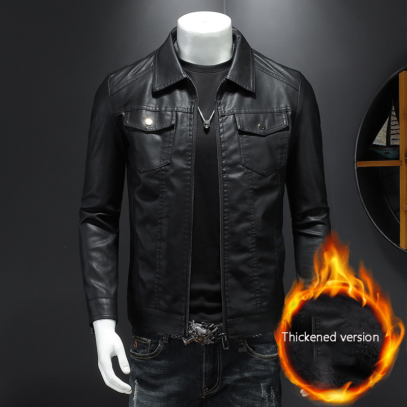 メンズラペルレザージャケット秋オーバーサイズスリムオートバイ - Leather Work Jacket Mens のレビューと価格