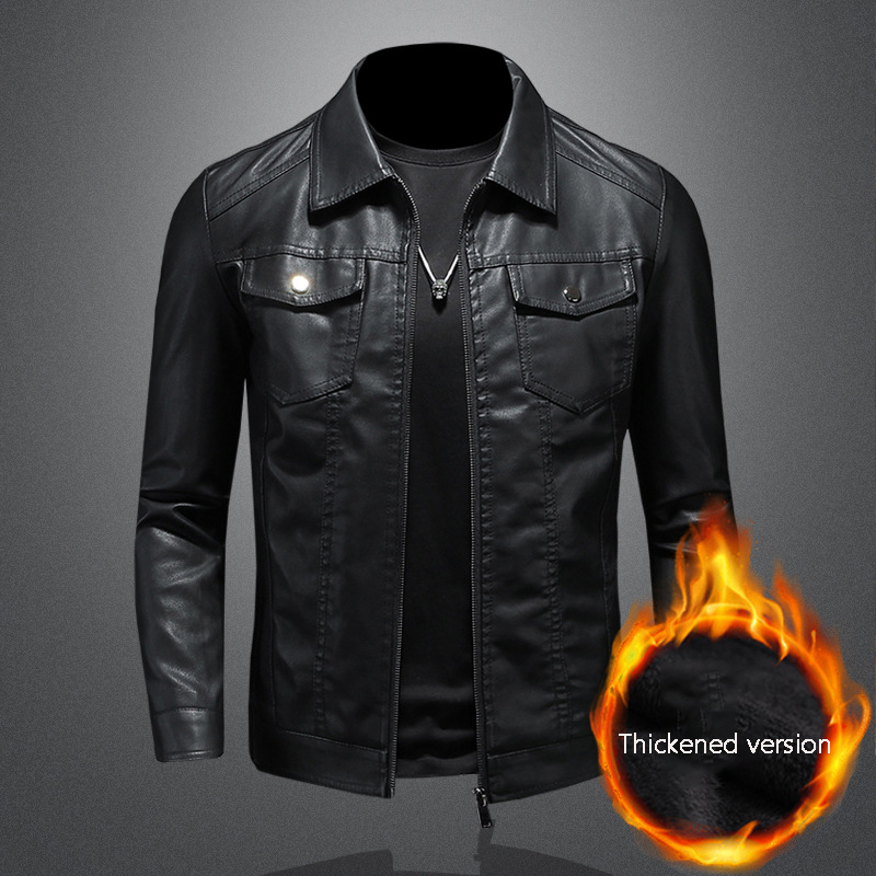 メンズラペルレザージャケット秋オーバーサイズスリムオートバイ - Leather Work Jacket Mens のレビューと価格