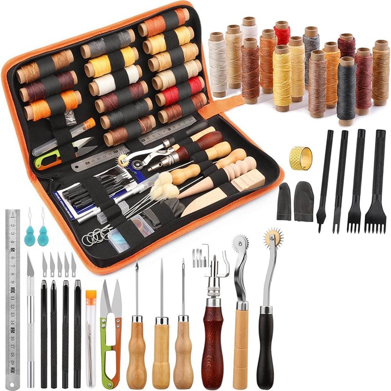 AB08-革細工ツールキット 66点セット ワックス糸、溝切 - Beginner Leatherwork Kit のレビューと価格