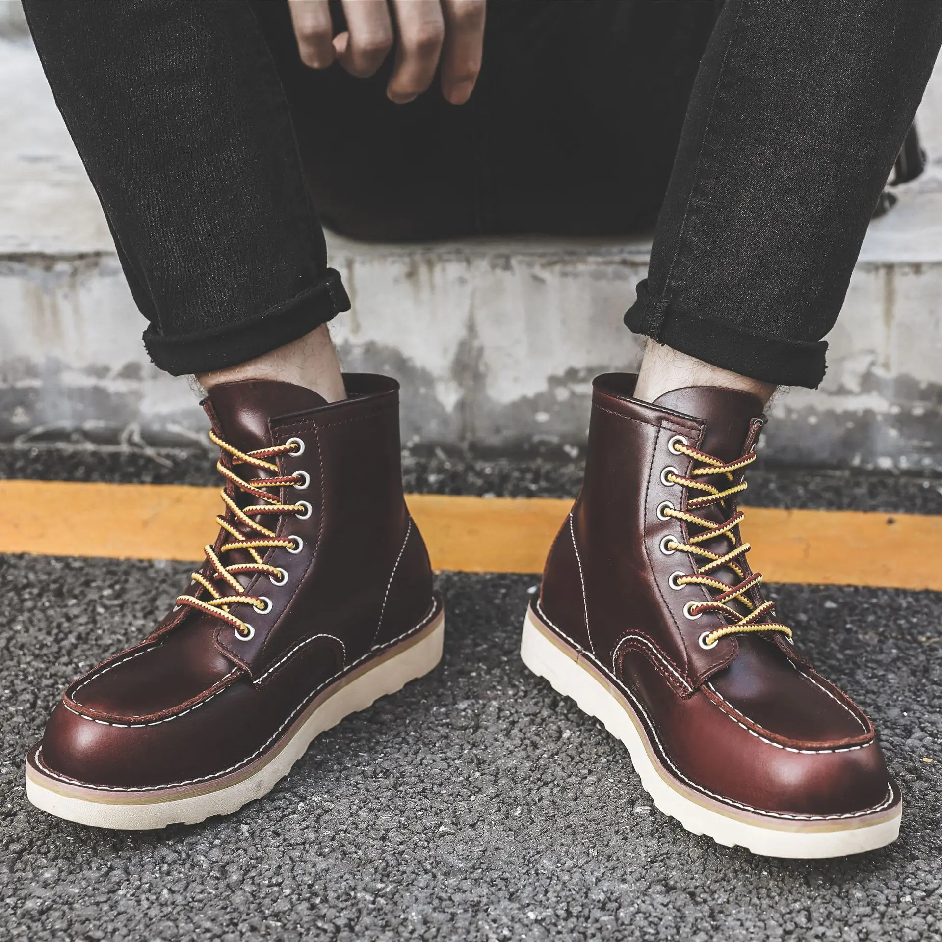 メンズカジュアルラウンドトゥ本革ワークブーツ,ヴィンテージバ - Vintage Leatherwork のレビューと価格