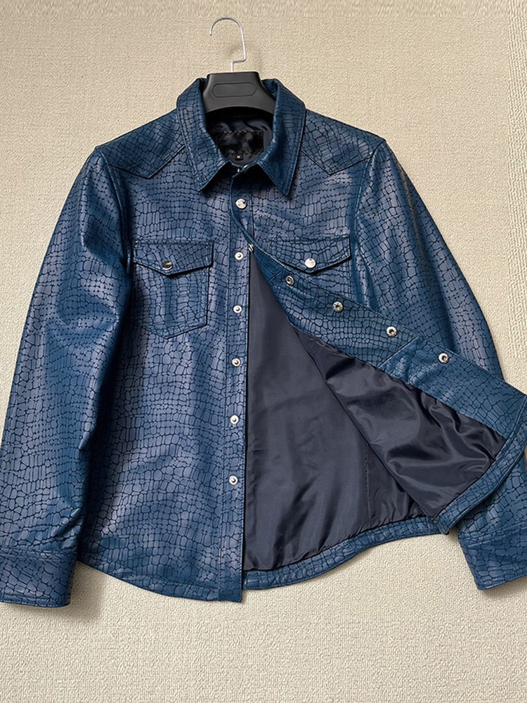 男性春クロコダイルパターン本物の羊皮本革ジャケットビジネスワ - Leather Work Jacket Mens のレビューと価格