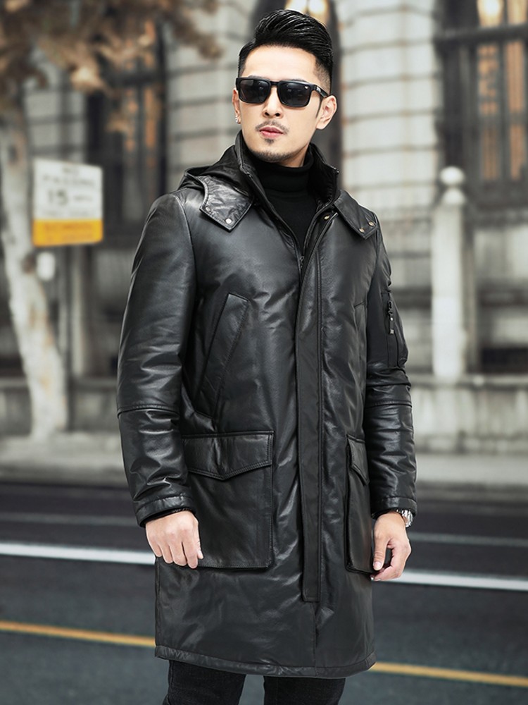 冬の男性暖かい牛革本革ダウンジャケットフードビジネスカジュア - Leather Work Jacket Mens のレビューと価格