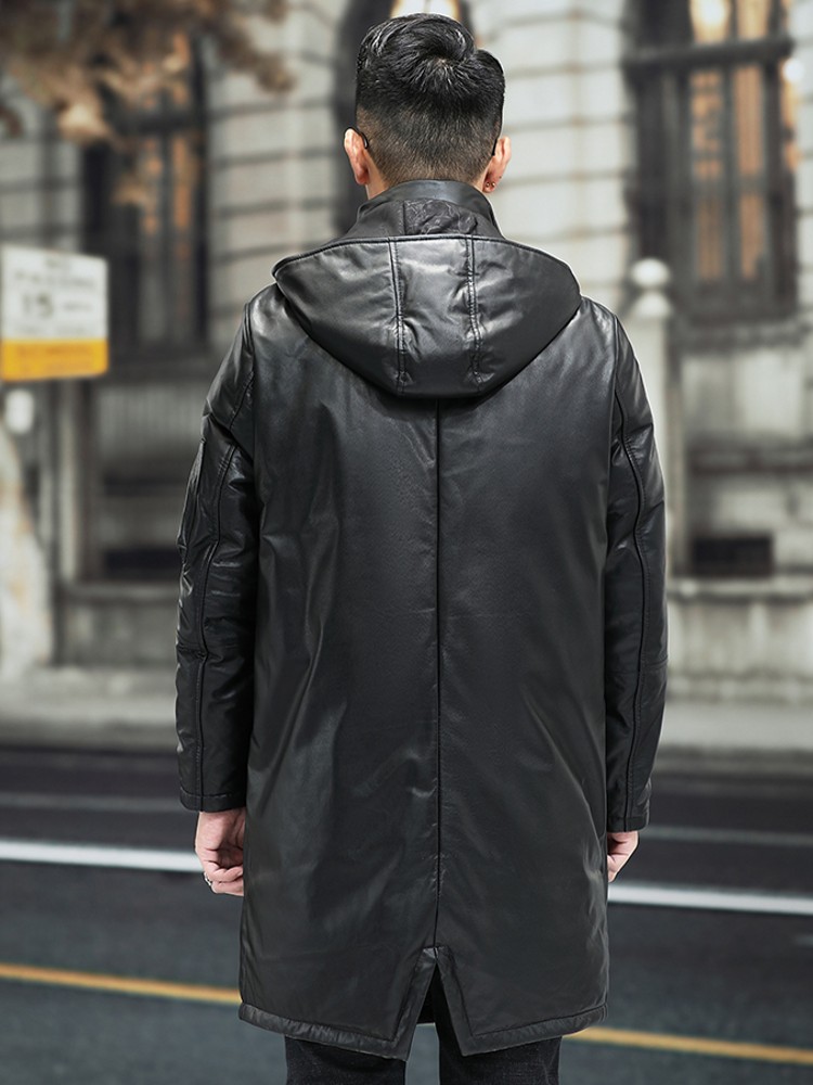 冬の男性暖かい牛革本革ダウンジャケットフードビジネスカジュア - Leather Work Jacket Mens のレビューと価格