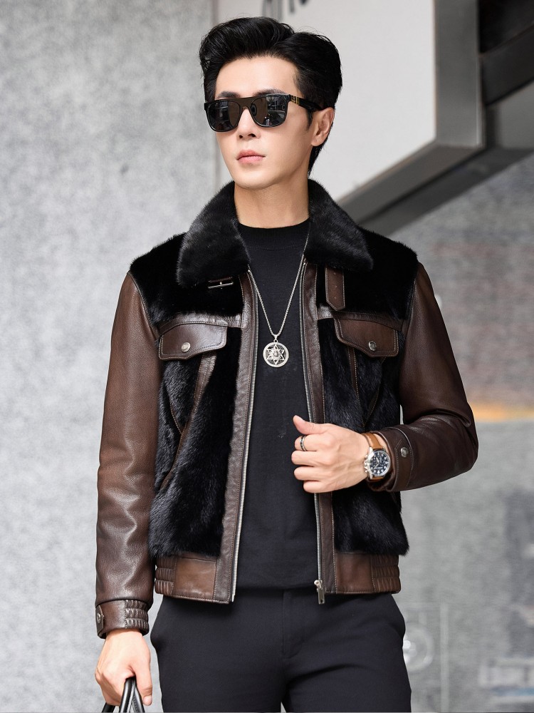 高級ビジネスメンズ冬用ワークリアルゴートスキン拼接天然ミンク - Leather Work Jacket Mens のレビューと価格