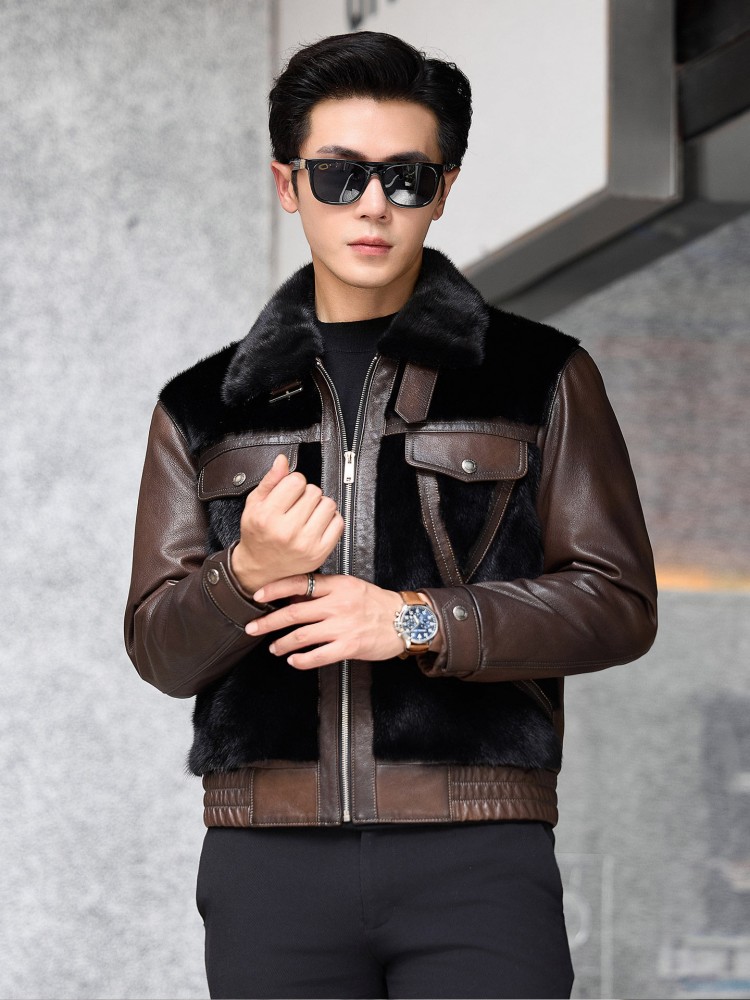 高級ビジネスメンズ冬用ワークリアルゴートスキン拼接天然ミンク - Leather Work Jacket Mens のレビューと価格