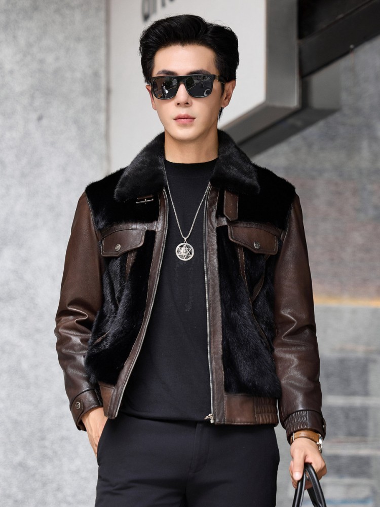 高級ビジネスメンズ冬用ワークリアルゴートスキン拼接天然ミンク - Leather Work Jacket Mens のレビューと価格